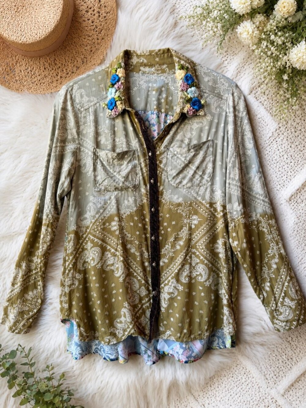 Aratta Floral Embroidered Collar Boho Patchwork Paisley Festival Button Up Top